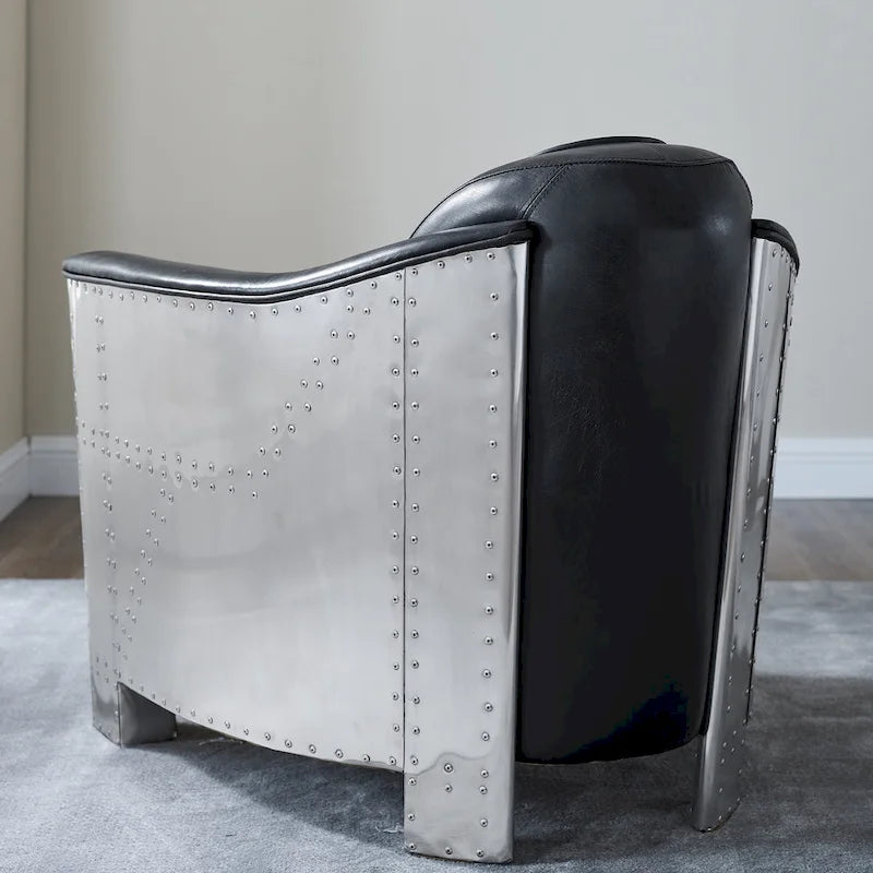 Fauteuil d'appoint industriel rétro en cuir pleine fleur et aluminium