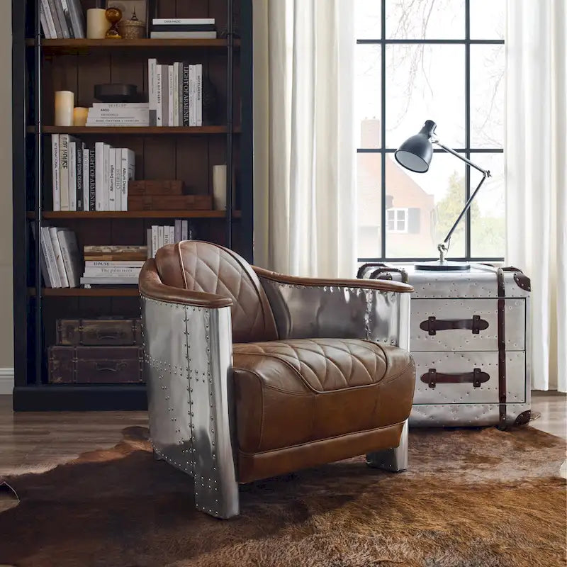 Fauteuil d'appoint industriel rétro en cuir pleine fleur et aluminium