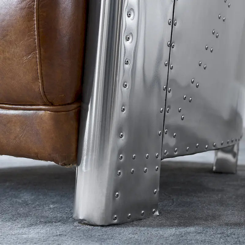 Fauteuil d'appoint industriel rétro en cuir pleine fleur et aluminium