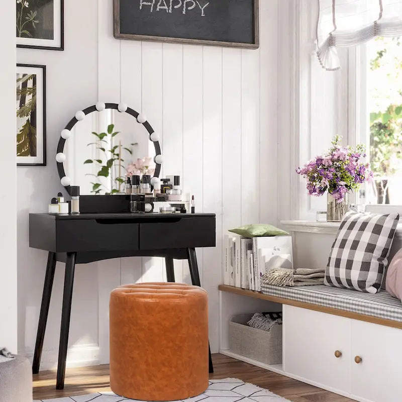 Pouf rond capitonné en similicuir pour repose-pieds