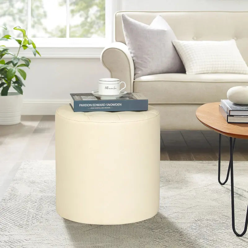 Pouf rond capitonné en similicuir pour repose-pieds
