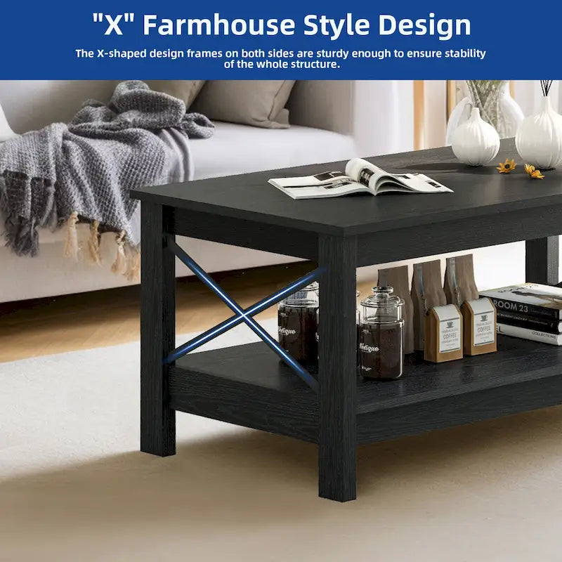 Table basse de ferme avec étagère, table centrale à 2 niveaux pour salon