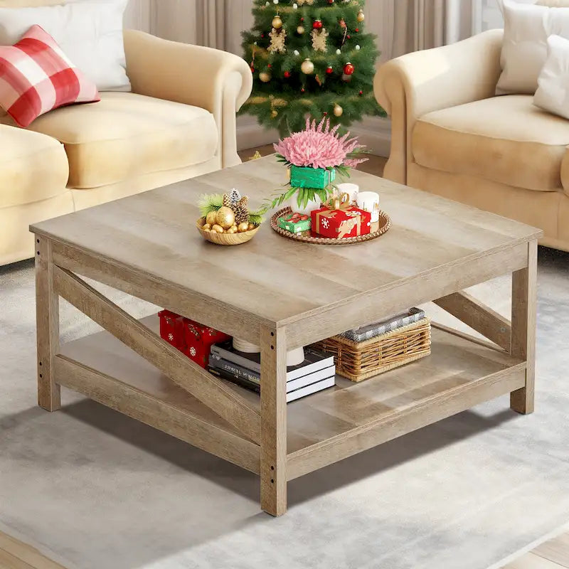 Table basse de ferme avec étagère, table centrale à 2 niveaux pour salon