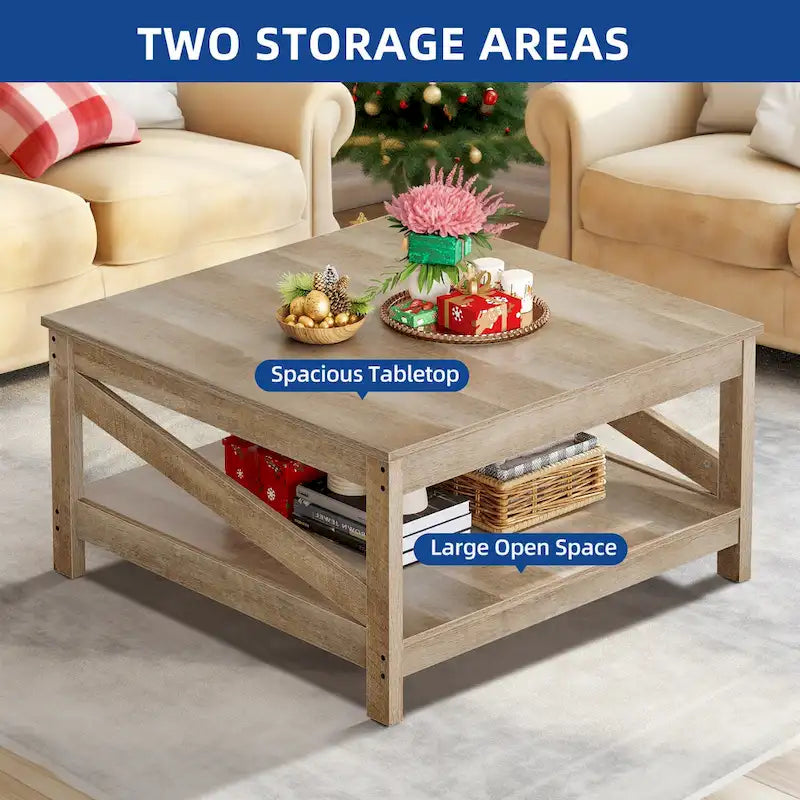 Table basse de ferme avec étagère, table centrale à 2 niveaux pour salon