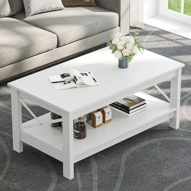 Table basse de ferme avec étagère, table centrale à 2 niveaux pour salon