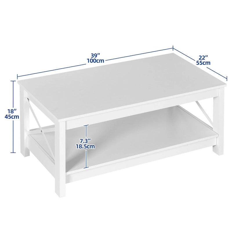 Table basse de ferme avec étagère, table centrale à 2 niveaux pour salon