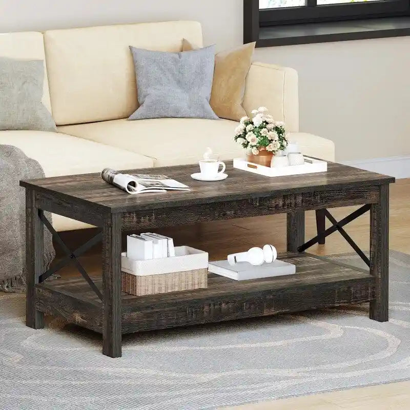 Table basse de ferme avec étagère, table centrale à 2 niveaux pour salon