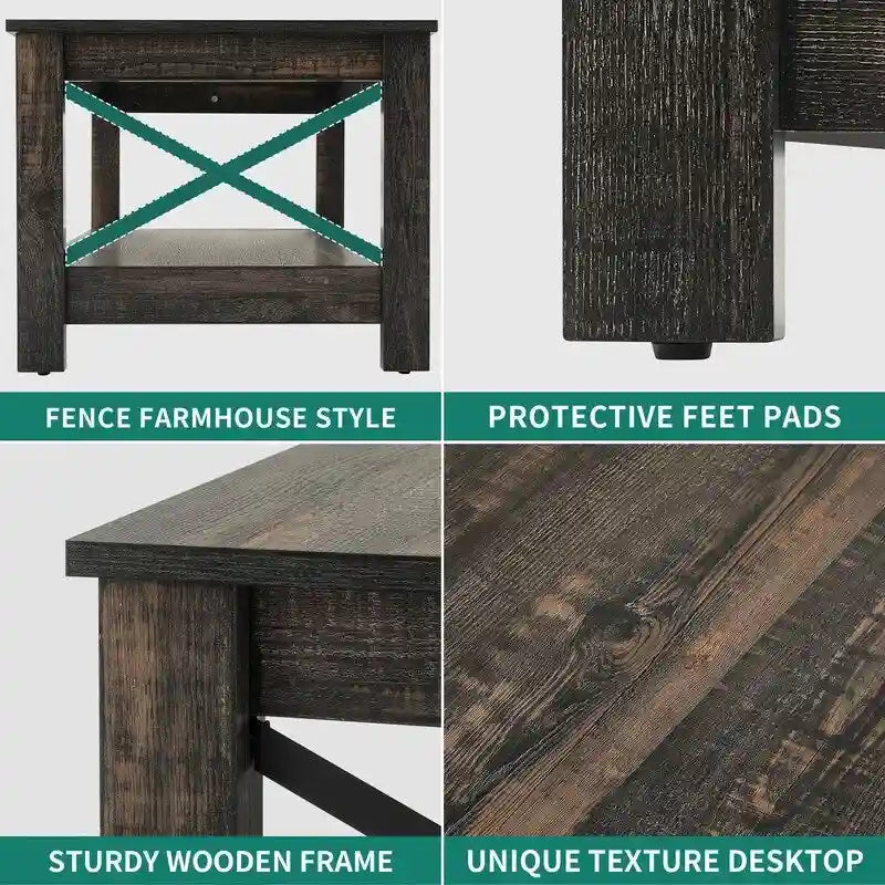 Table basse de ferme avec étagère, table centrale à 2 niveaux pour salon