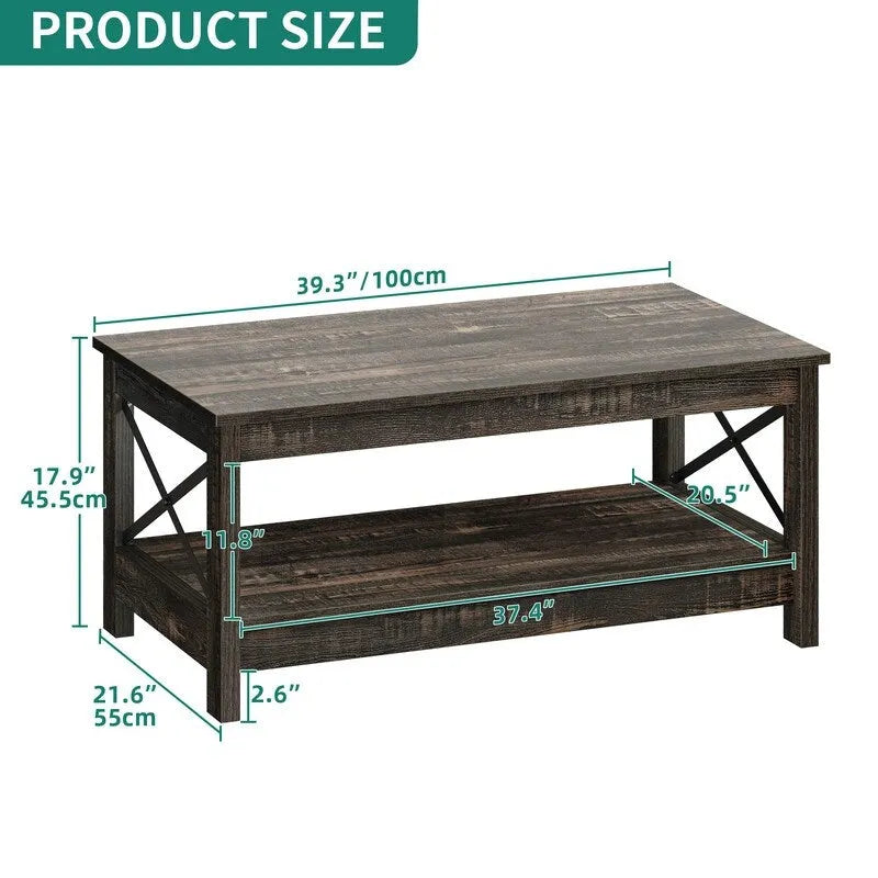 Table basse de ferme avec étagère, table centrale à 2 niveaux pour salon