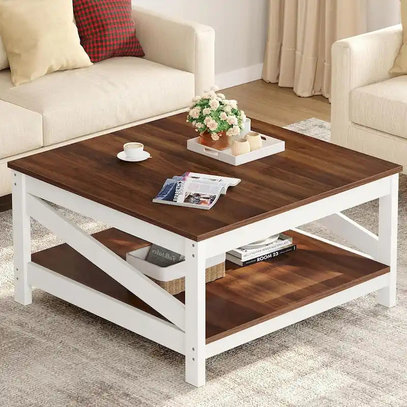 Table basse de ferme avec étagère, table centrale à 2 niveaux pour salon