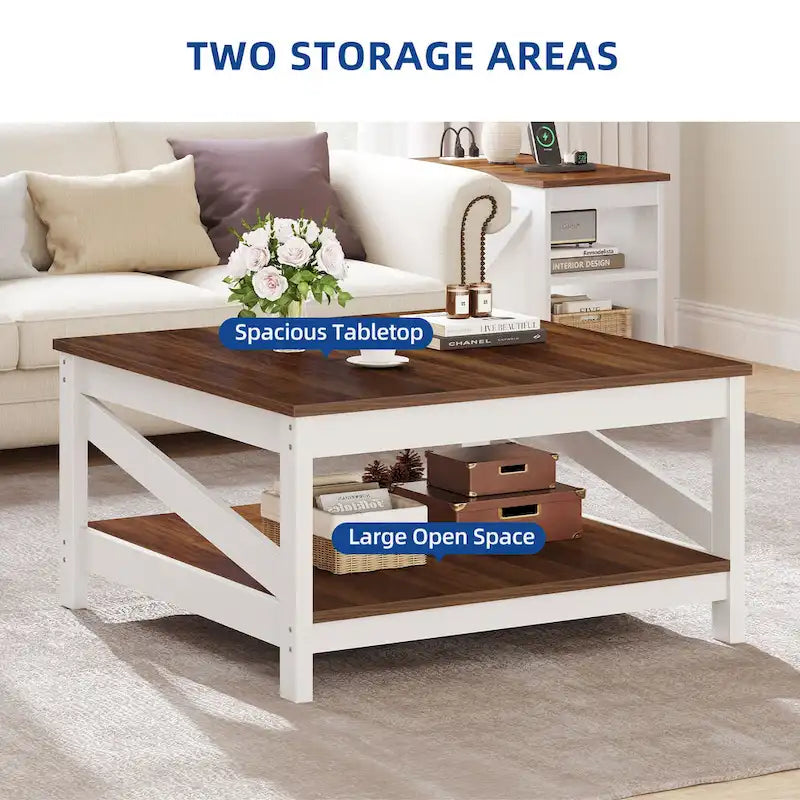 Table basse de ferme avec étagère, table centrale à 2 niveaux pour salon