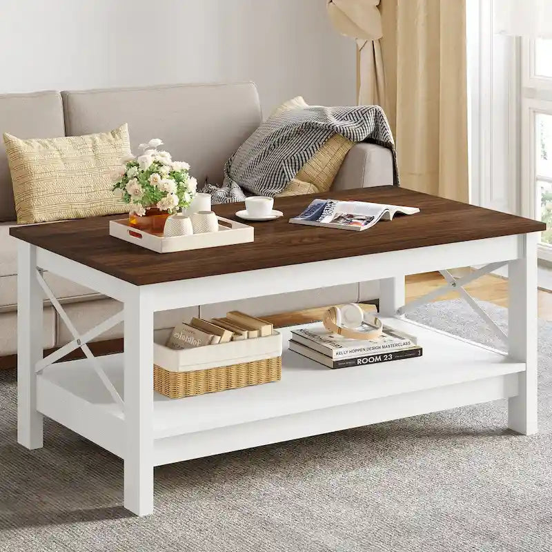 Table basse de ferme avec étagère, table centrale à 2 niveaux pour salon