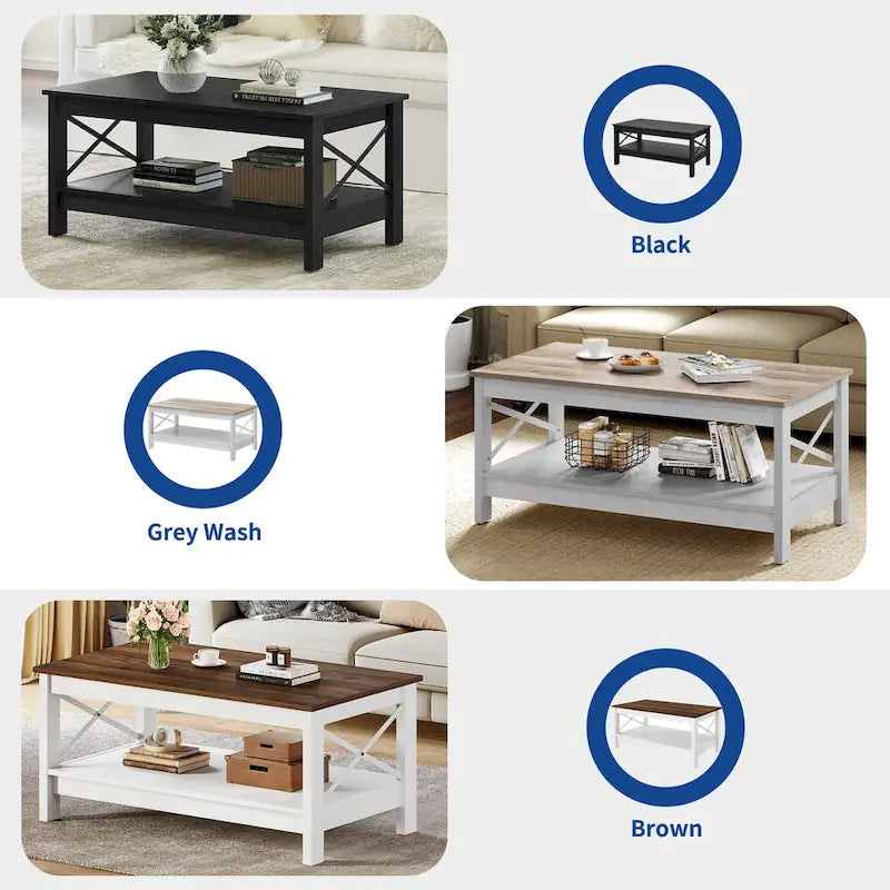 Table basse de ferme avec étagère, table centrale à 2 niveaux pour salon