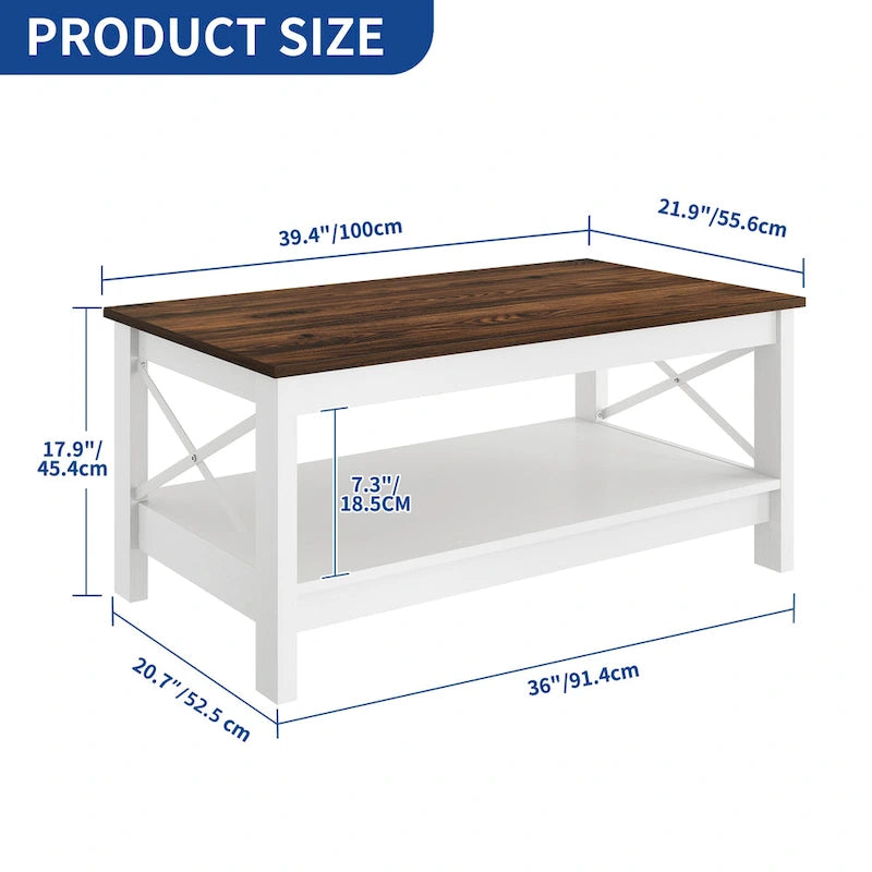 Table basse de ferme avec étagère, table centrale à 2 niveaux pour salon