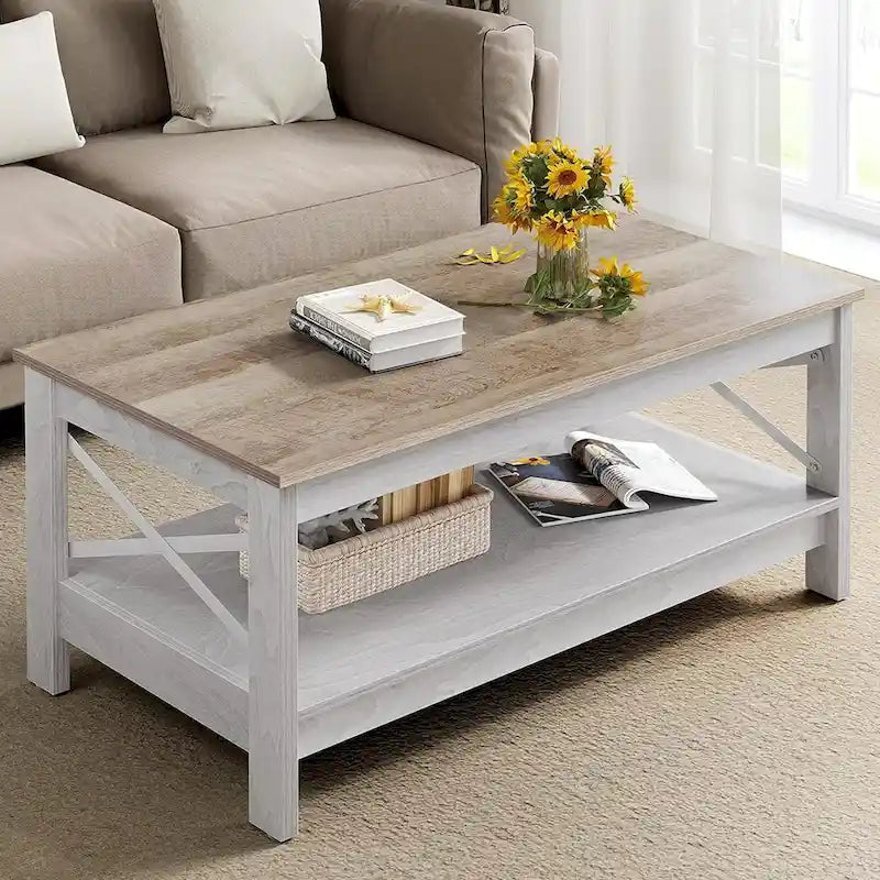 Table basse de ferme avec étagère, table centrale à 2 niveaux pour salon