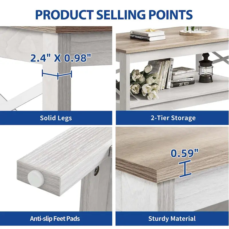 Table basse de ferme avec étagère, table centrale à 2 niveaux pour salon
