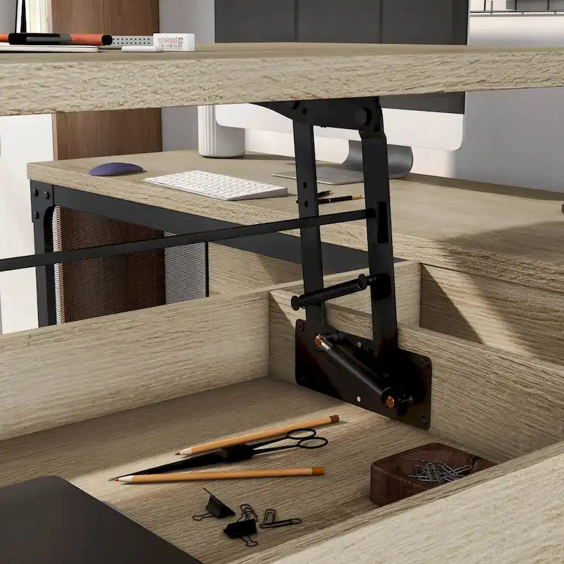 Bureau debout en L industriel en chêne naturel de 65 pouces avec structure métallique