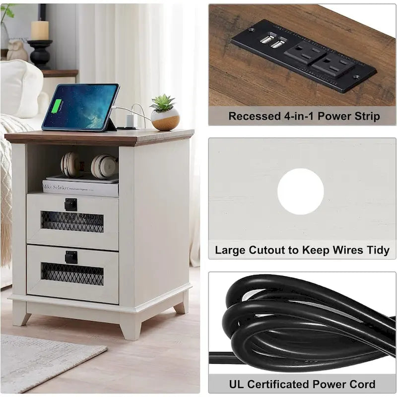 Table de chevet de ferme avec station de recharge, table d'appoint, bout de canapé