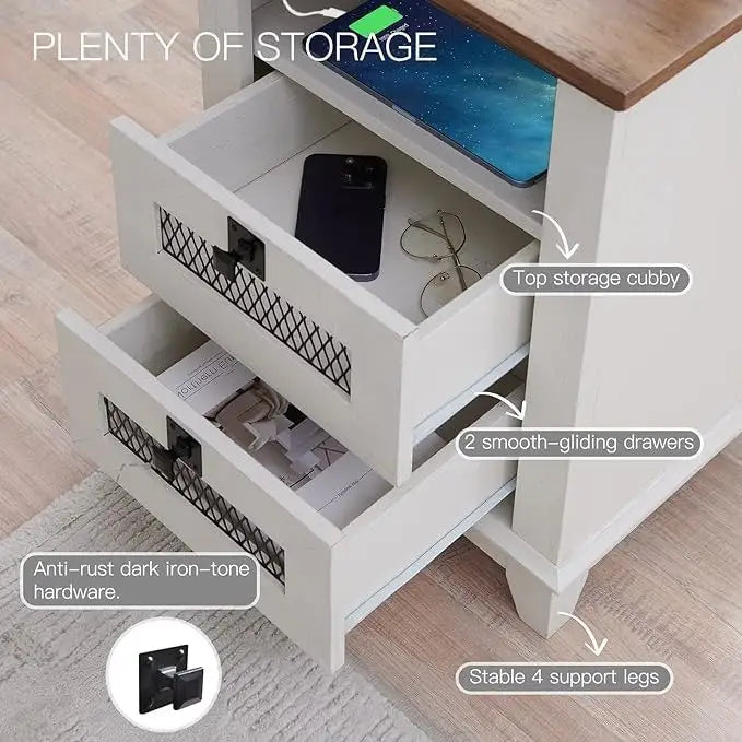 Table de chevet de ferme avec station de recharge, table d'appoint, bout de canapé