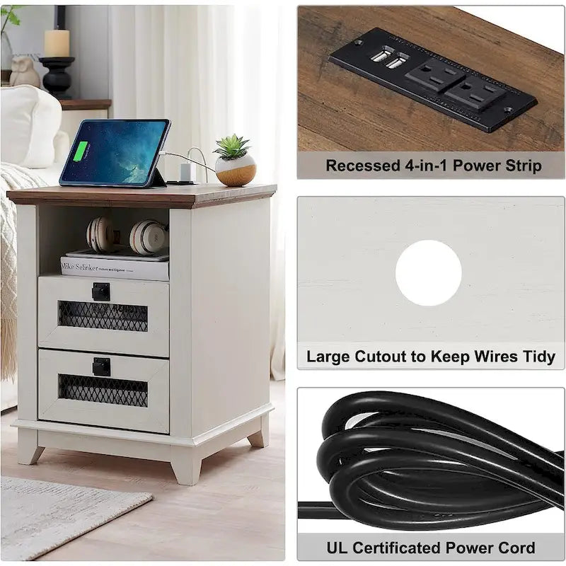 Table de chevet de ferme avec station de recharge, table d'appoint, bout de canapé