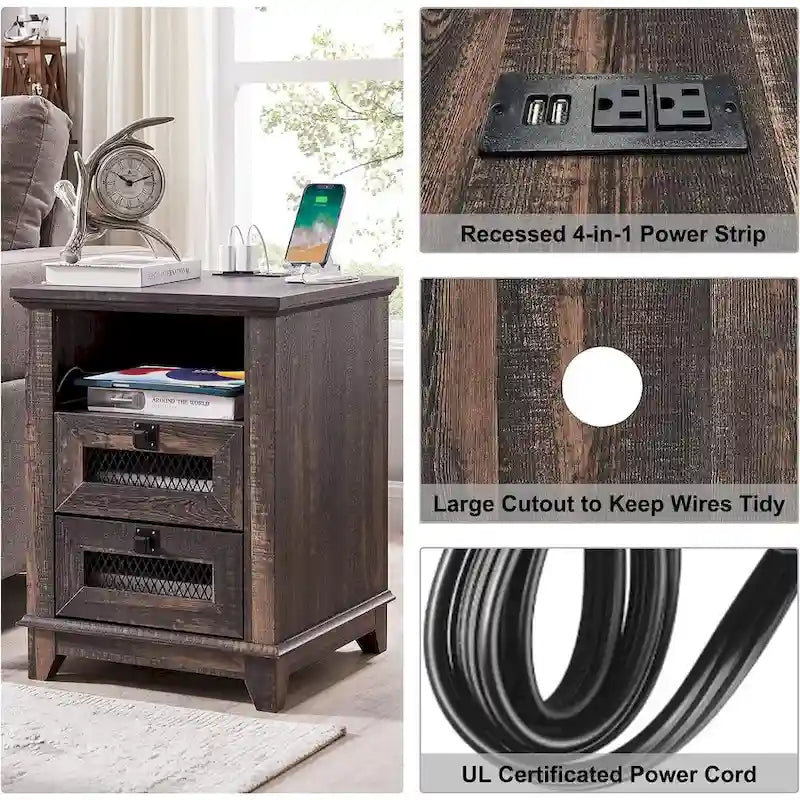 Table de chevet de ferme avec station de recharge, table d'appoint, bout de canapé