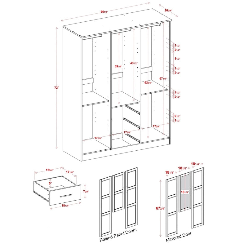 Armoire 3 portes en bois massif avec portes en bois massif ou portes miroir