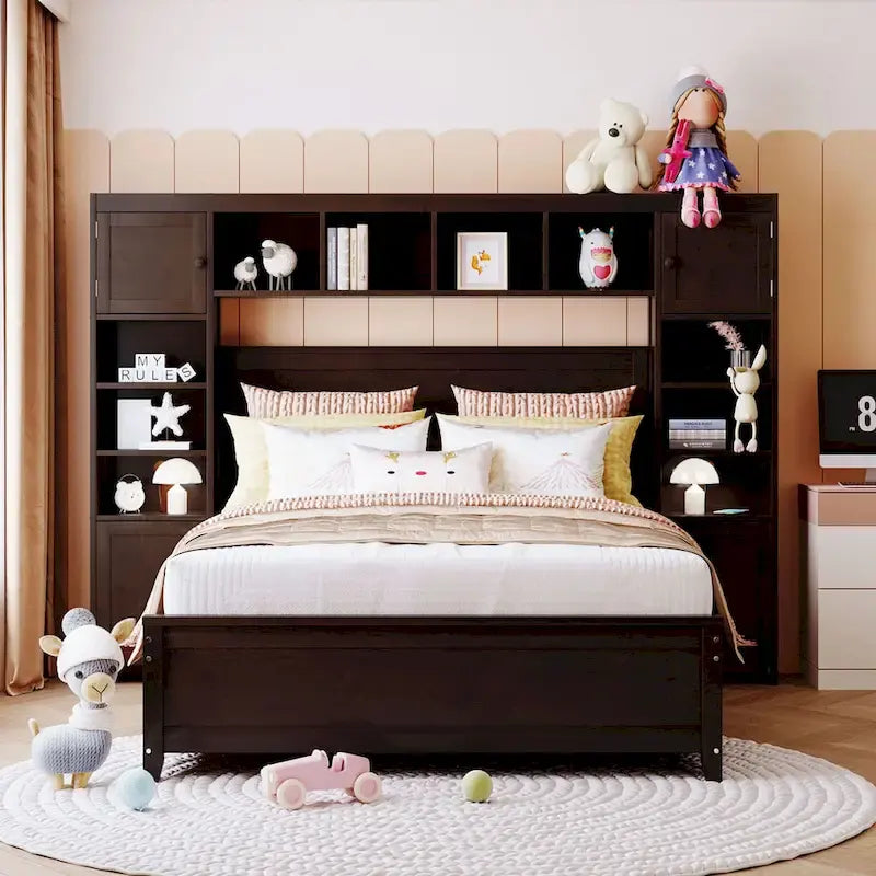 Lit double en bois avec armoire et étagère intégrées, expresso