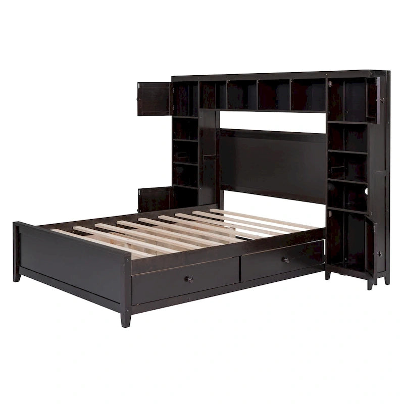 Lit double en bois avec armoire et étagère intégrées, expresso