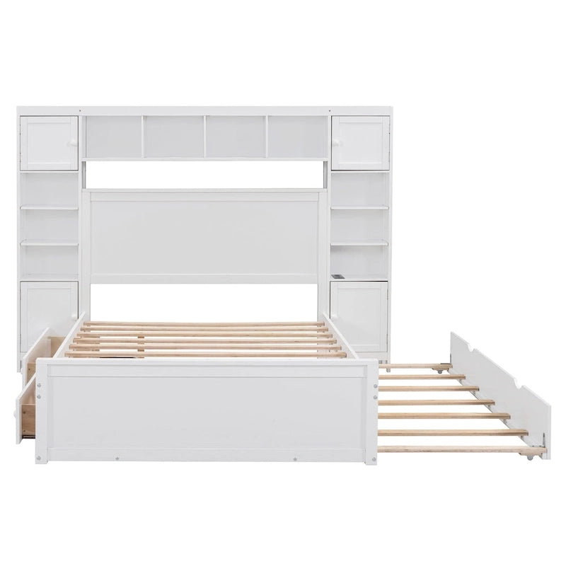 Lit double en bois avec armoire et étagère intégrées, expresso