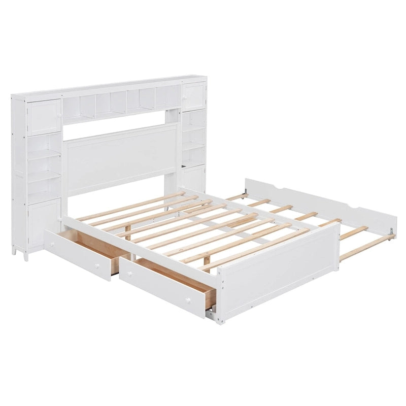 Lit double en bois avec armoire et étagère intégrées, expresso