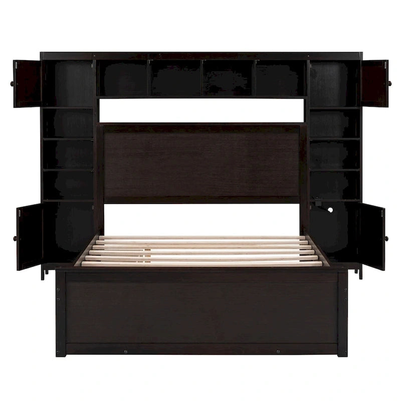 Lit double en bois avec armoire et étagère intégrées, expresso