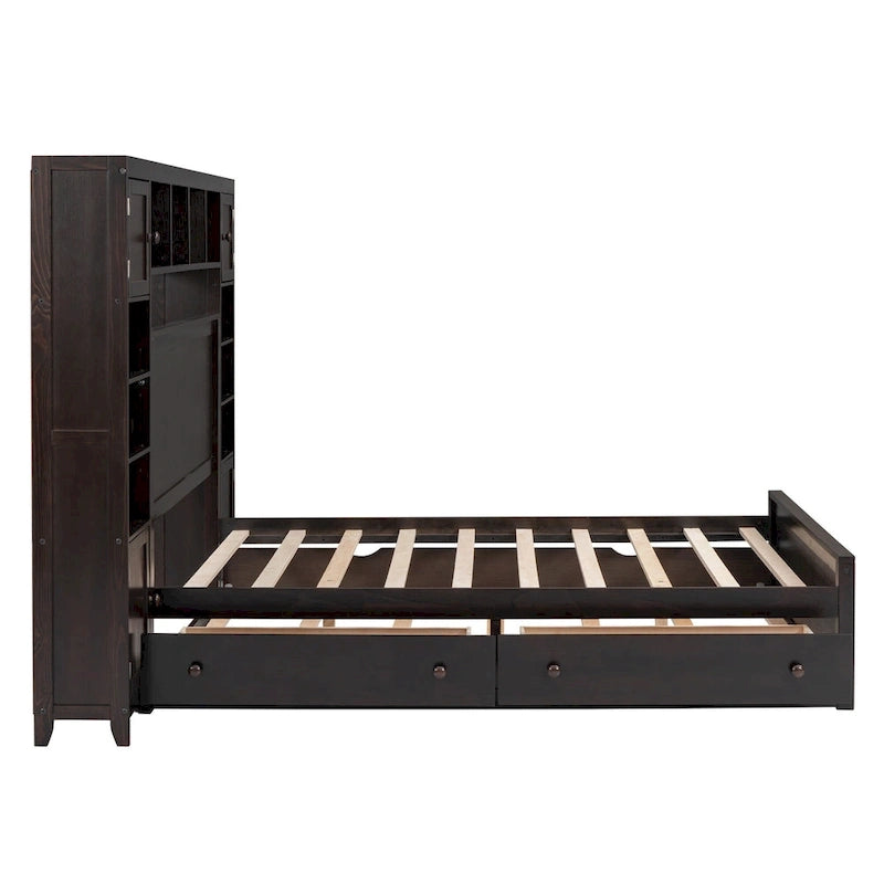 Lit double en bois avec armoire et étagère intégrées, expresso