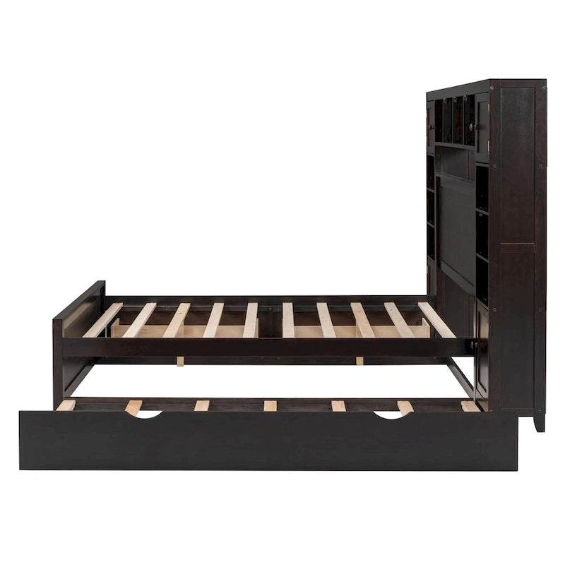 Lit double en bois avec armoire et étagère intégrées, expresso