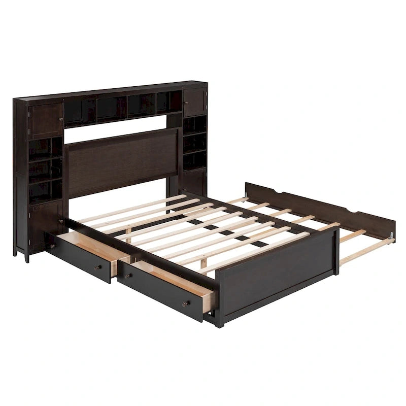 Lit double en bois avec armoire et étagère intégrées, expresso