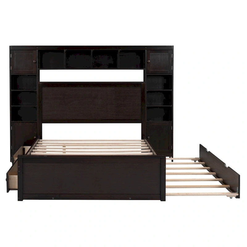 Lit double en bois avec armoire et étagère intégrées, expresso