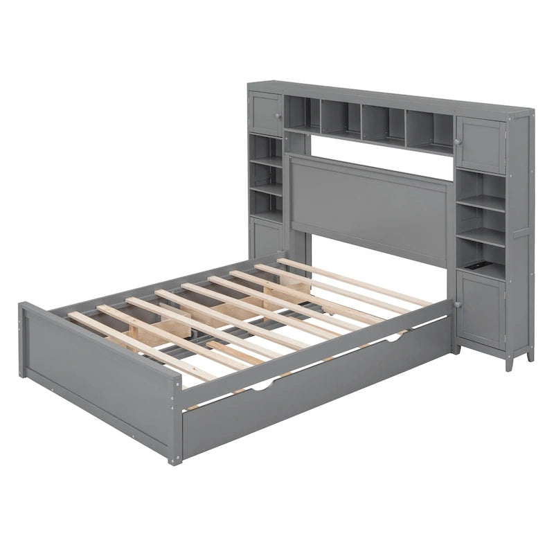 Lit double en bois avec armoire et étagère intégrées, expresso