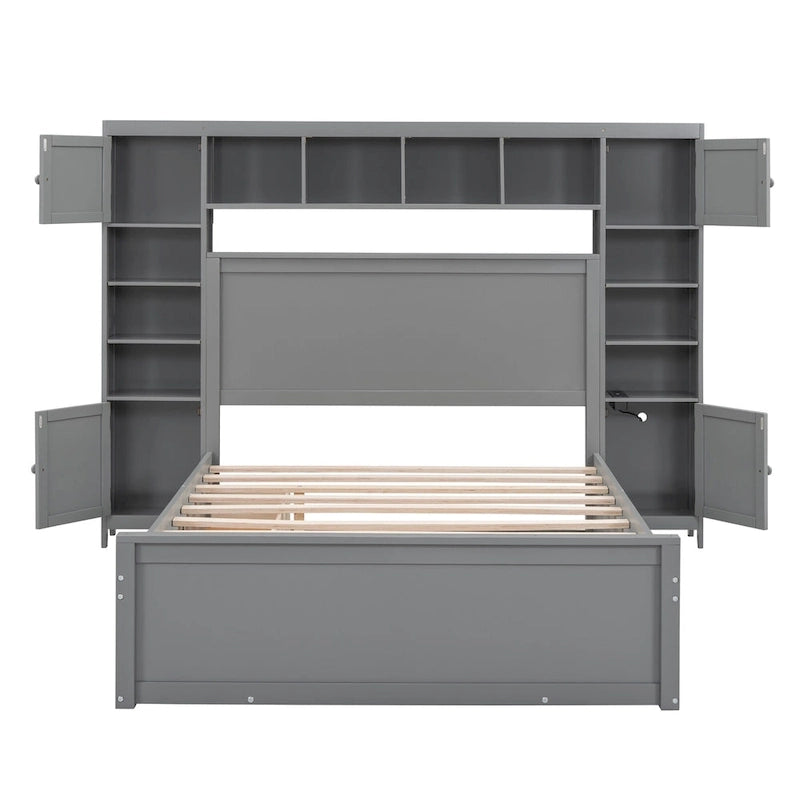 Lit double en bois avec armoire et étagère intégrées, expresso