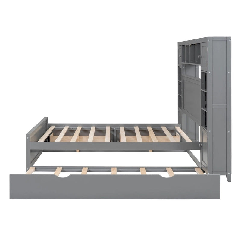 Lit double en bois avec armoire et étagère intégrées, expresso