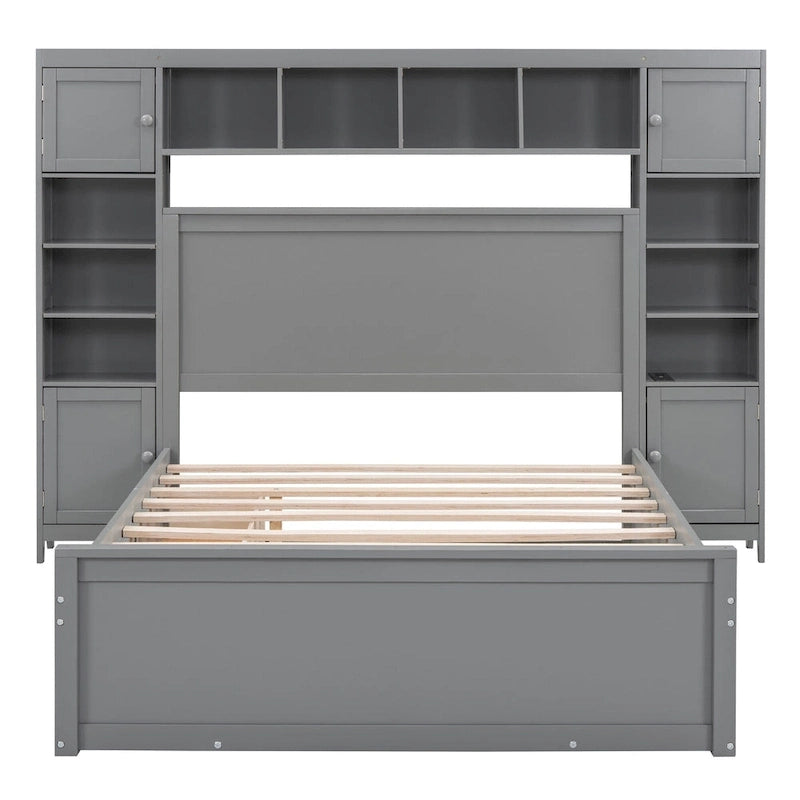Lit double en bois avec armoire et étagère intégrées, expresso
