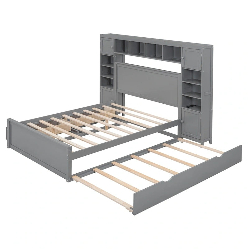 Lit double en bois avec armoire et étagère intégrées, expresso