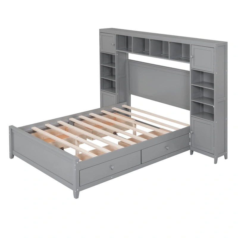 Lit double en bois avec armoire et étagère intégrées, expresso