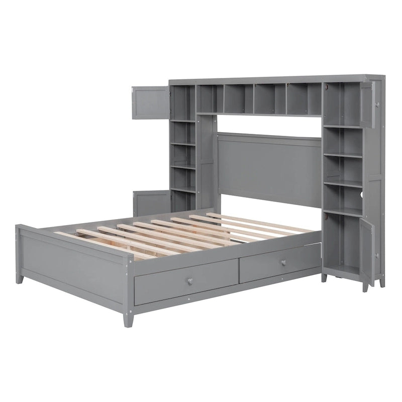 Lit double en bois avec armoire et étagère intégrées, expresso