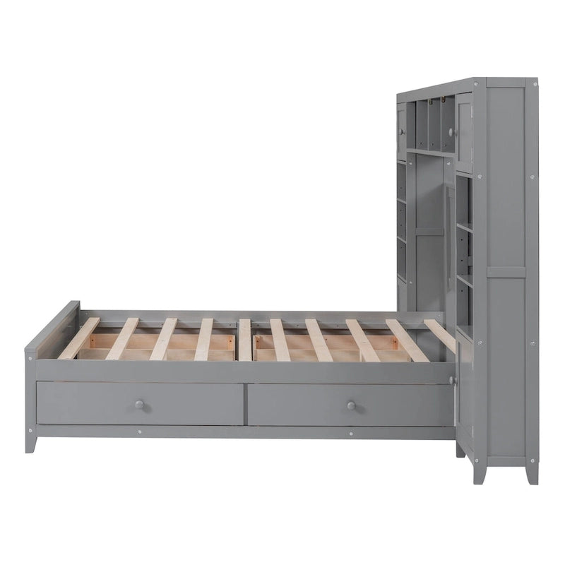 Lit double en bois avec armoire et étagère intégrées, expresso