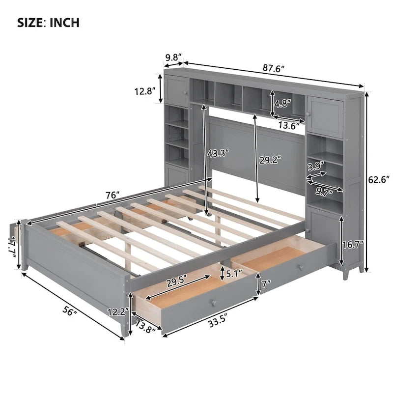 Lit double en bois avec armoire et étagère intégrées, expresso
