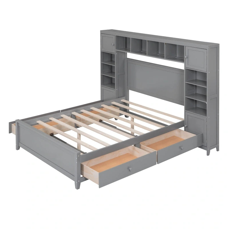 Lit double en bois avec armoire et étagère intégrées, expresso