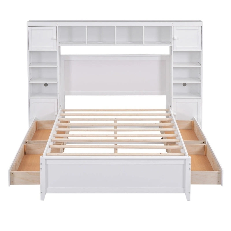 Lit double en bois avec armoire et étagère intégrées, expresso