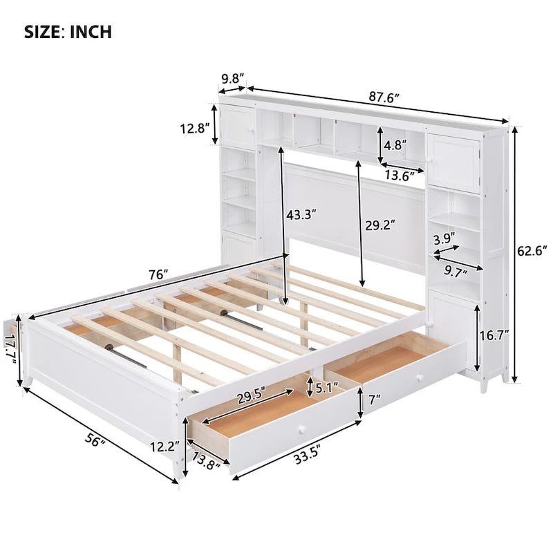Lit double en bois avec armoire et étagère intégrées, expresso