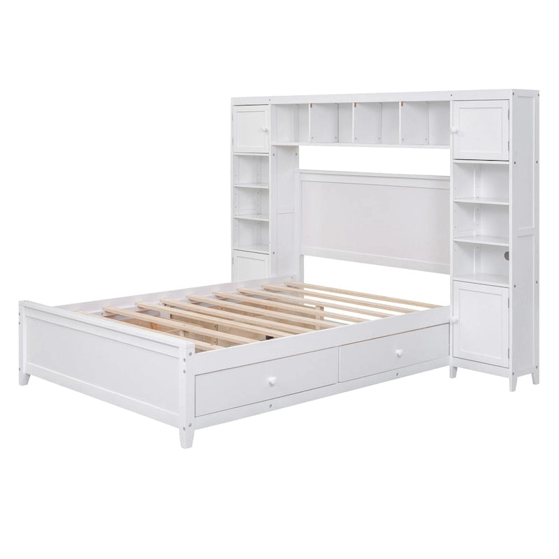 Lit double en bois avec armoire et étagère intégrées, expresso
