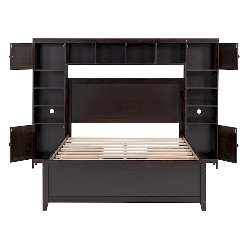 Lit double en bois avec armoire et étagère intégrées, expresso