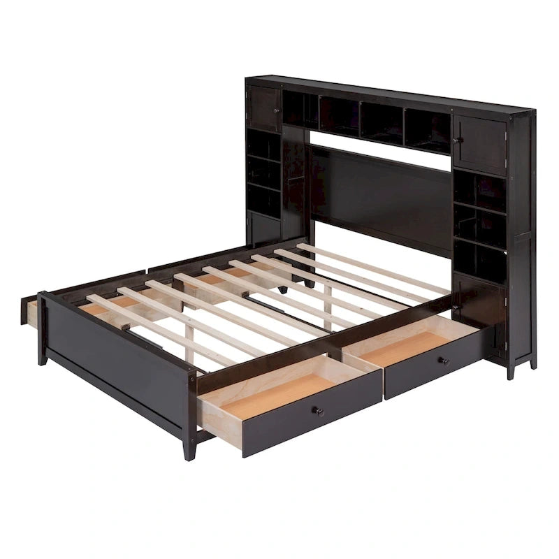 Lit double en bois avec armoire et étagère intégrées, expresso